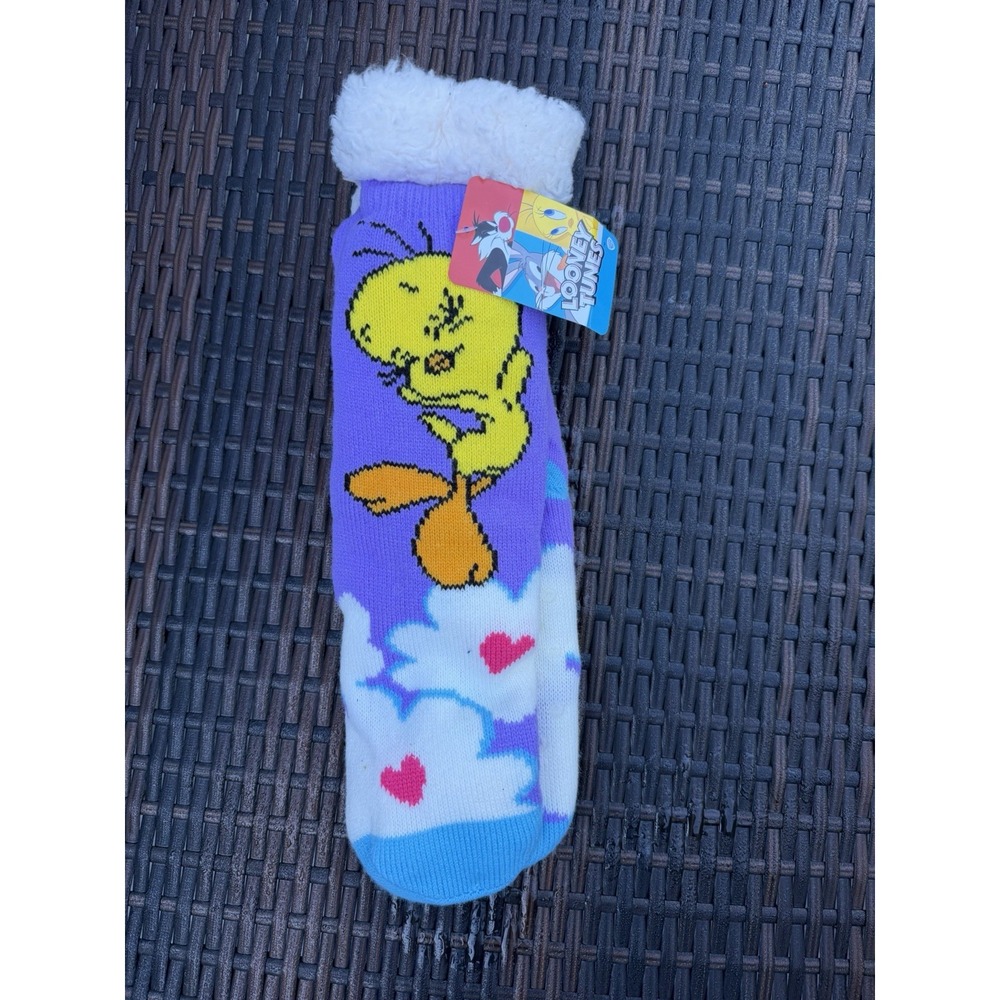Tweetie Bird Sherpa Lined Yellow 15" Slipper Socks Tread Bottom Looney Tunes New
